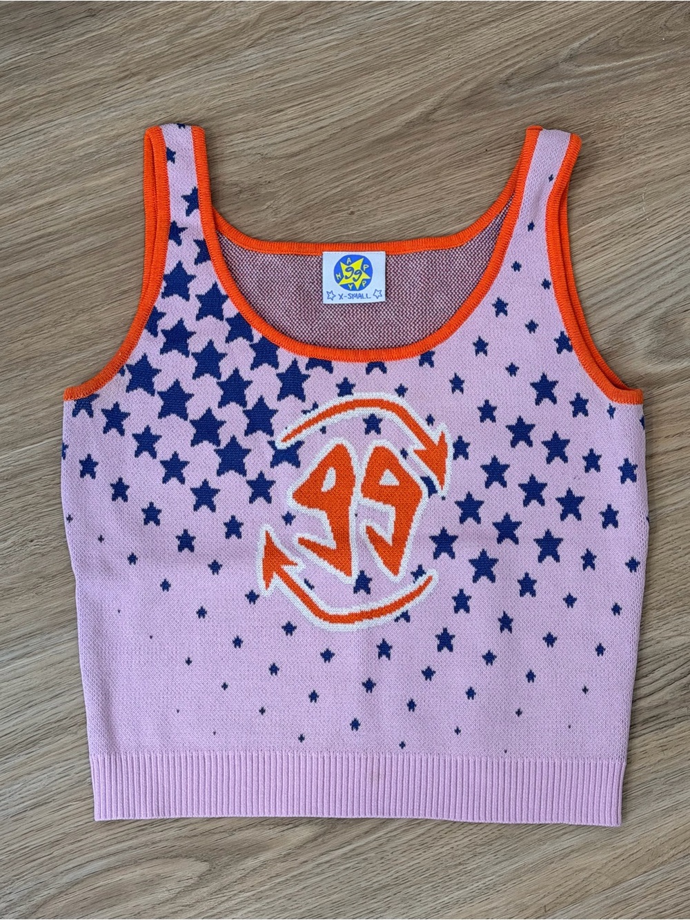 Star-Print Pink Knit Tank Top with Orange Trim